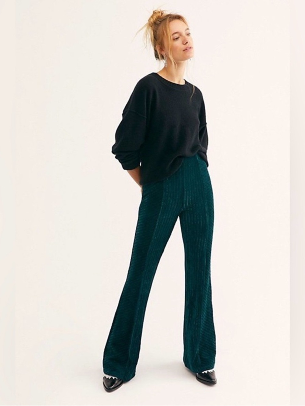 Free People Emerald Green Velvet Wide-Leg pull on Pants